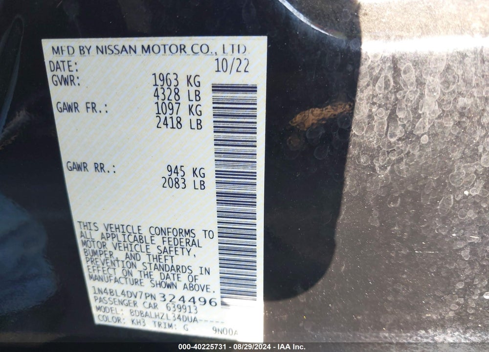 2023 NISSAN ALTIMA SV FWD VIN: 1N4BL4DV7PN324496