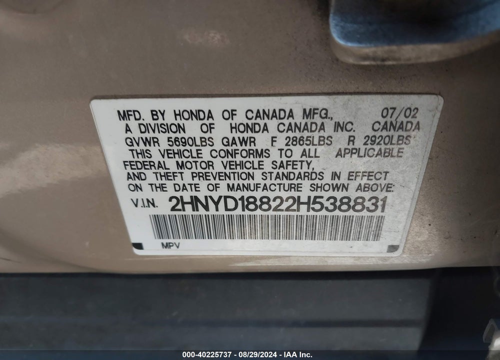 2002 ACURA MDX VIN: 2HNYD18822H538831