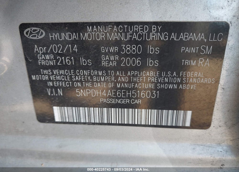 2014 HYUNDAI ELANTRA SE VIN: 5NPDH4AE6EH516031