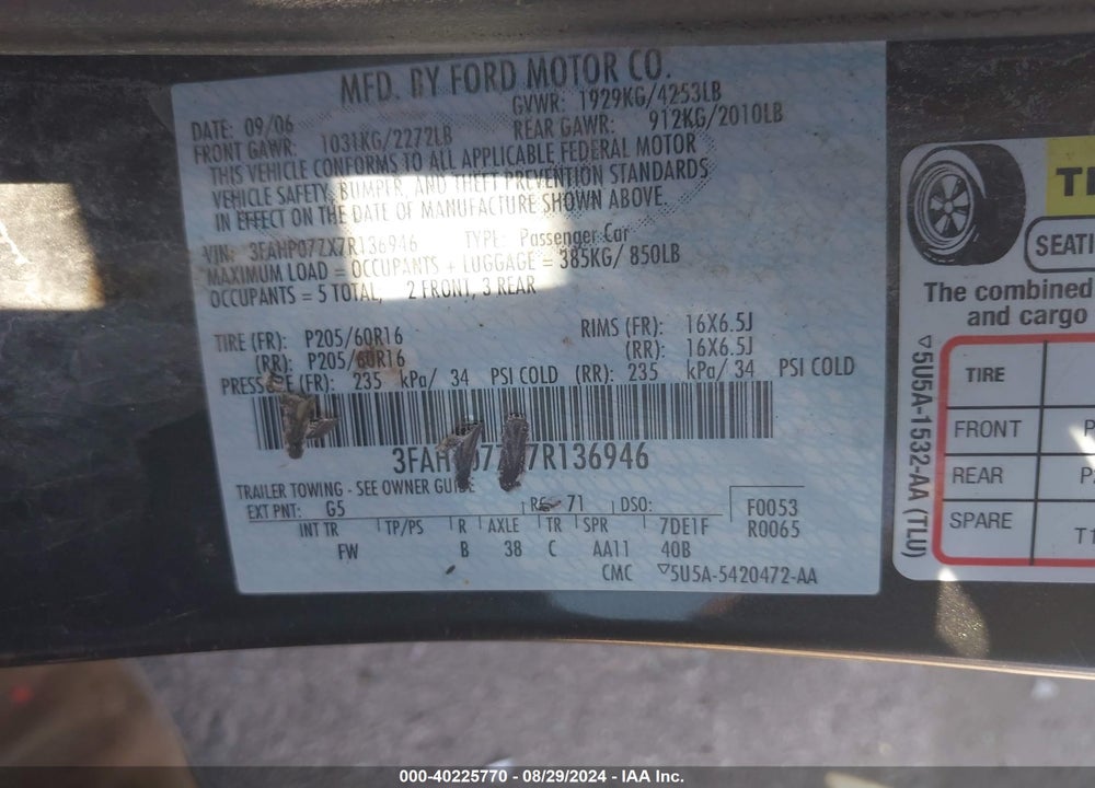2007 FORD FUSION SE VIN: 3FAHP07ZX7R136946