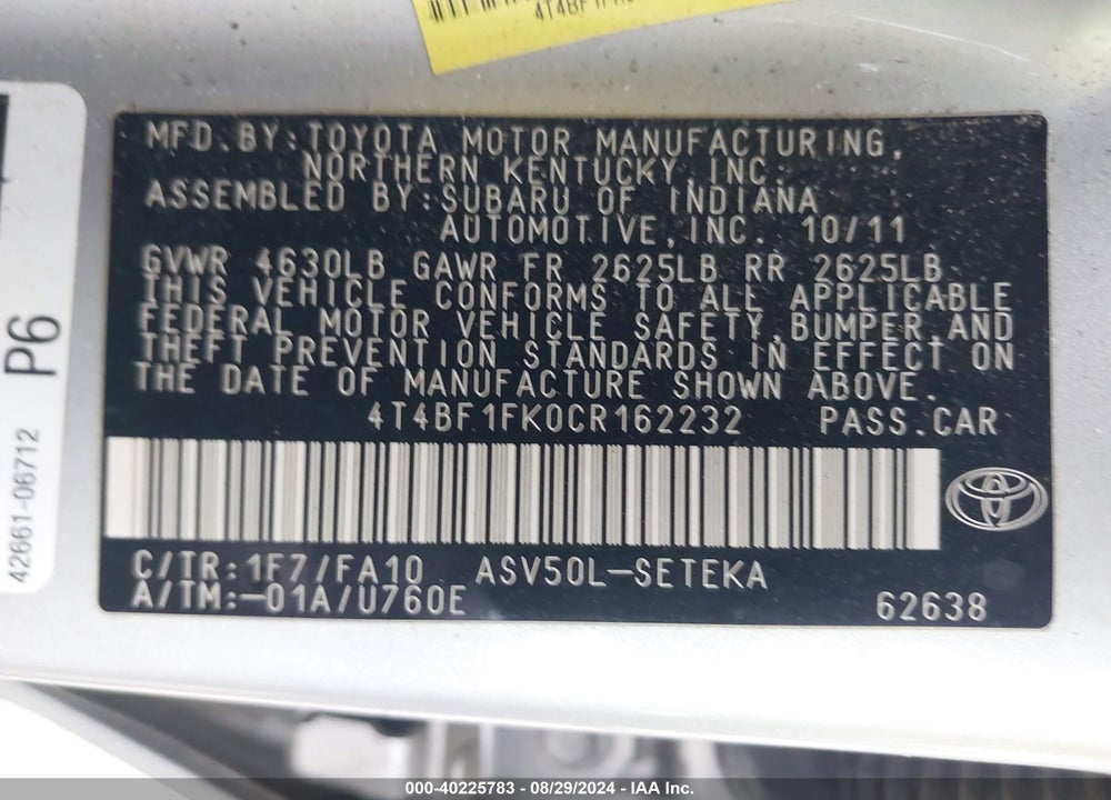 2012 TOYOTA CAMRY VIN: 4T4BF1FK0CR162232