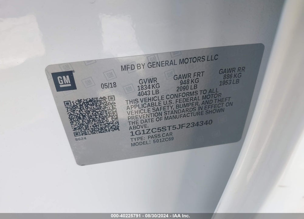 2018 CHEVROLET MALIBU 1FL VIN: 1G1ZC5ST5JF234340