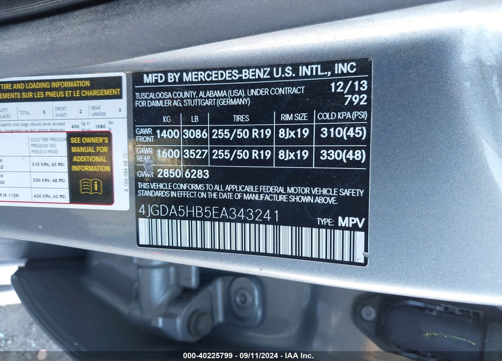 2014 MERCEDES-BENZ ML 350 4MATIC VIN: 4JGDA5HB5EA343241