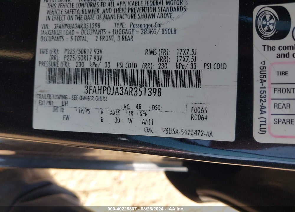 2010 FORD FUSION SEL VIN: 3FAHP0JA3AR351398