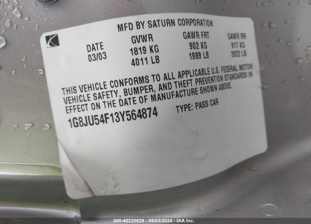 2003 SATURN L-SERIES L200 VIN: 1G8JU54F13Y564874