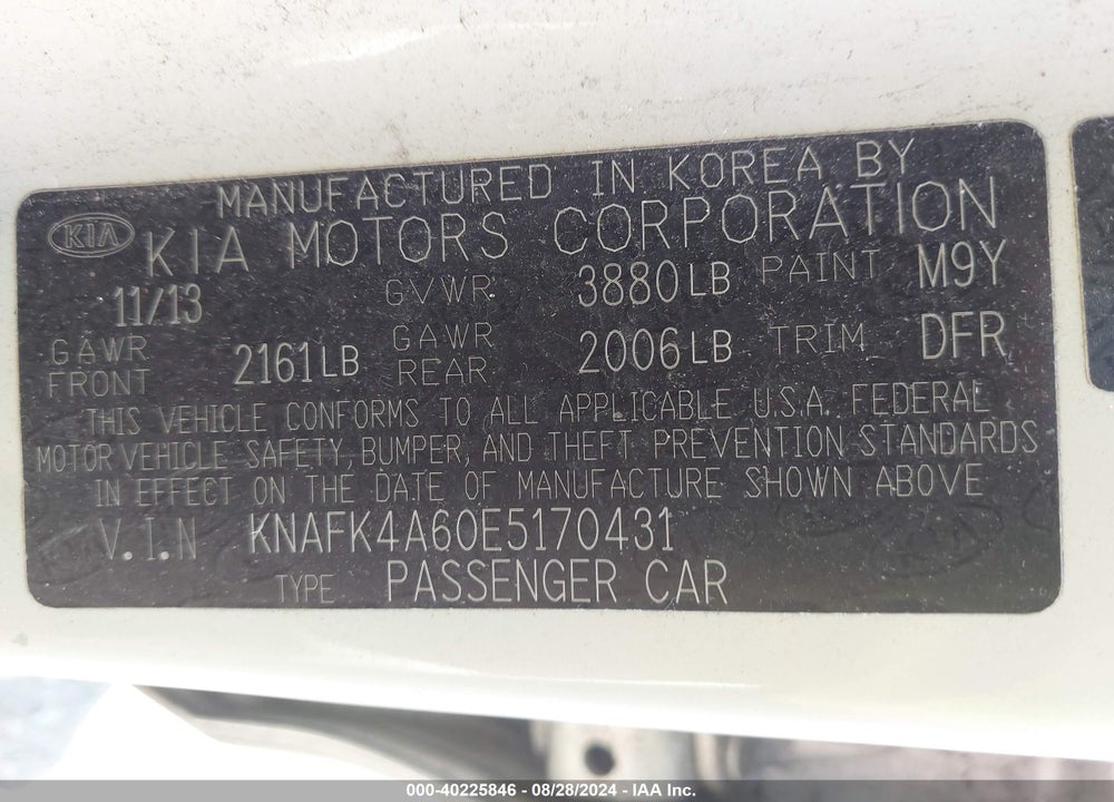 2014 KIA FORTE LX VIN: KNAFK4A60E5170431