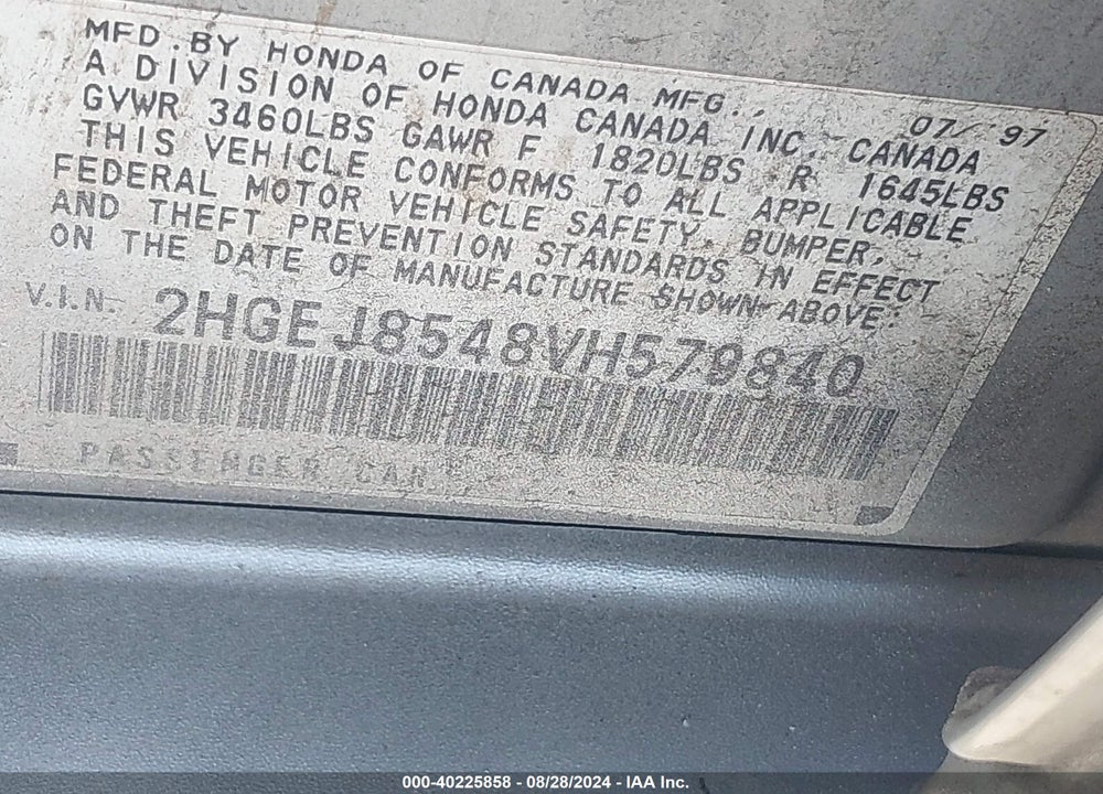 1997 HONDA CIVIC EX VIN: 2HGEJ8548VH579840