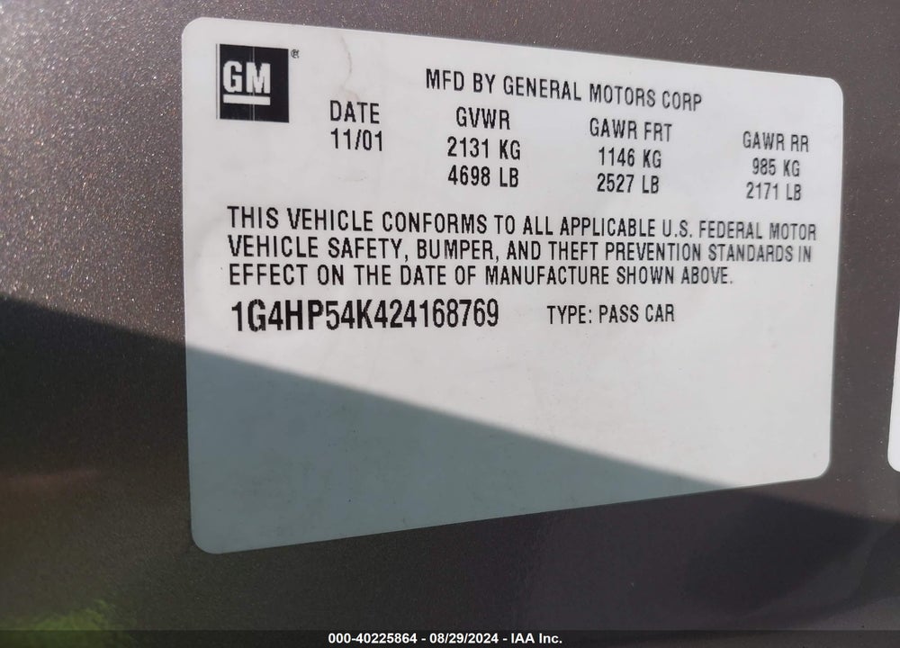 2002 BUICK LESABRE CUSTOM VIN: 1G4HP54K424168769