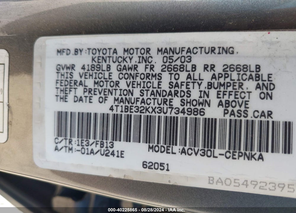 2003 TOYOTA CAMRY LE VIN: 4T1BE32KX3U734986