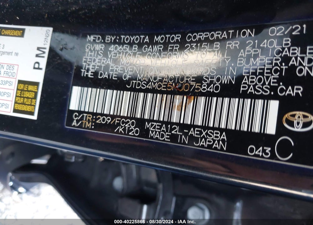 2021 TOYOTA COROLLA SE VIN: JTDS4MCE5MJ075840