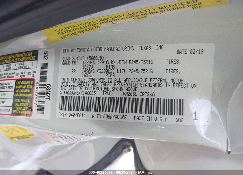 2019 TOYOTA TACOMA SR VIN: 5TFRX5GN0KX146605