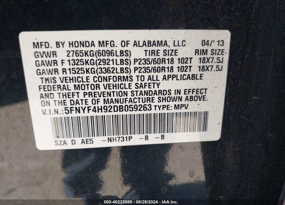 2013 HONDA PILOT TOURING VIN: 5FNYF4H92DB059263