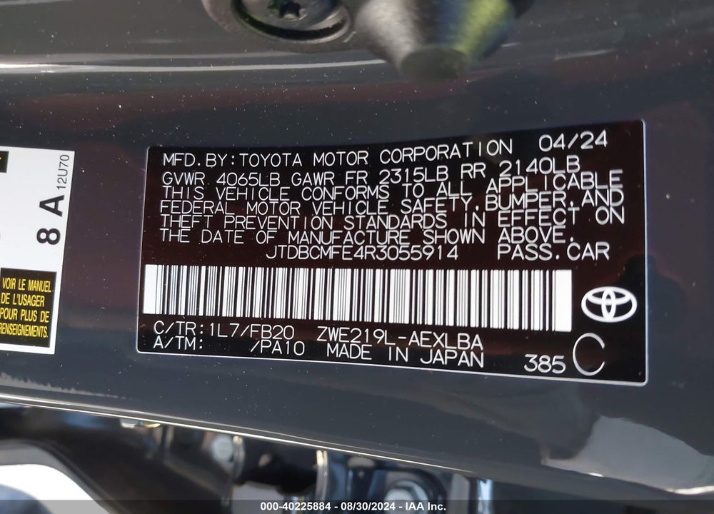 2024 TOYOTA COROLLA HYBRID LE VIN: JTDBCMFE4R3055914