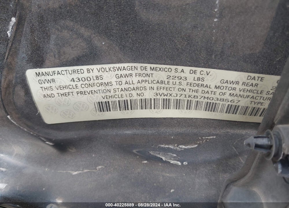 2007 VOLKSWAGEN JETTA GLI VIN: 3VWXJ71K87M038567