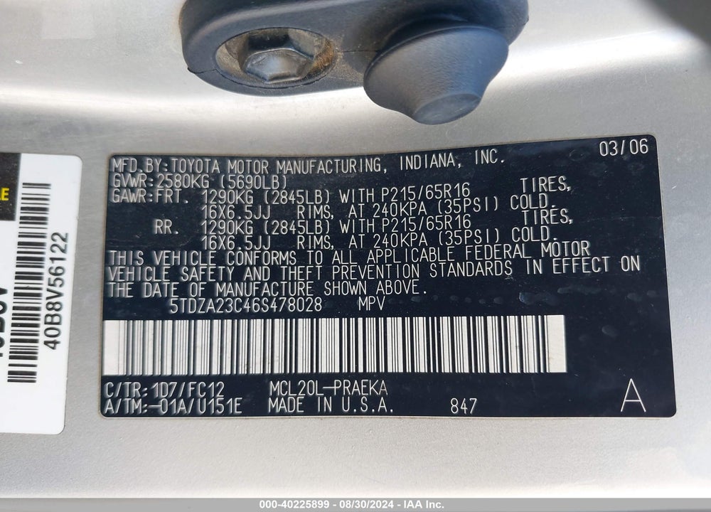 2006 TOYOTA SIENNA LE VIN: 5TDZA23C46S478028
