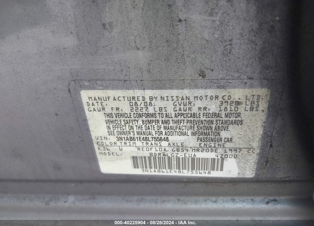 2008 NISSAN SENTRA 2.0SL VIN: 3N1AB61E48L755648