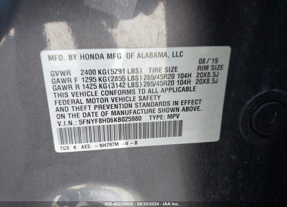 2019 HONDA PASSPORT ELITE VIN: 5FNYF8H06KB025980