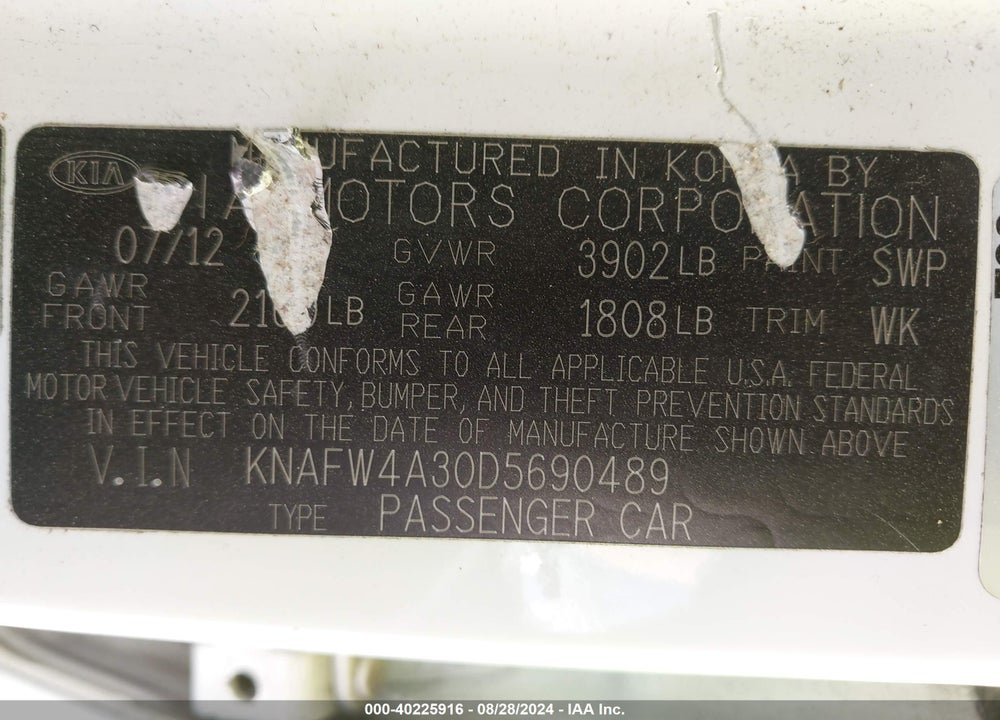 2013 KIA FORTE VIN: KNAFW4A30D5690489