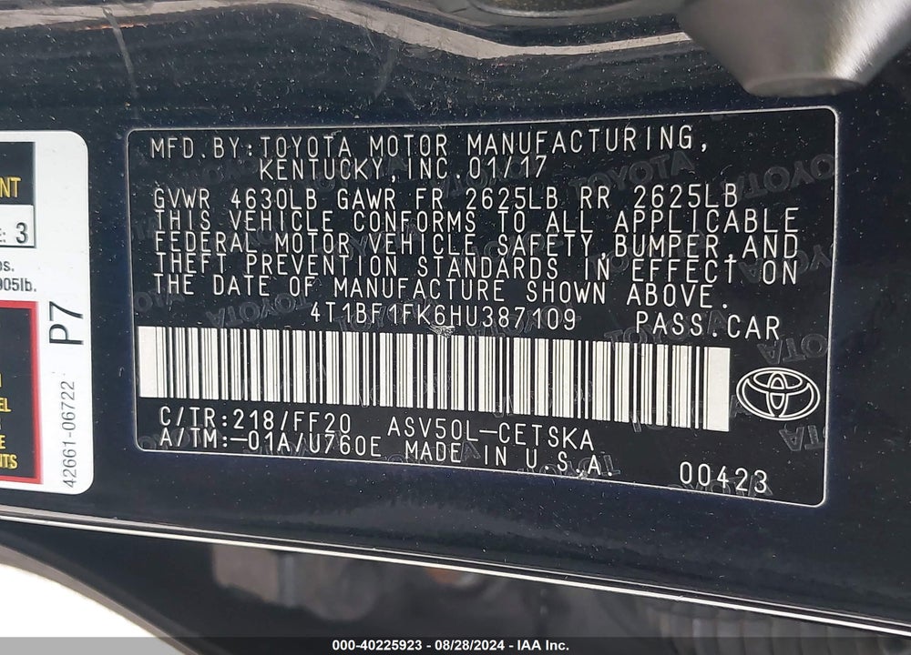 2017 TOYOTA CAMRY SE VIN: 4T1BF1FK6HU387109