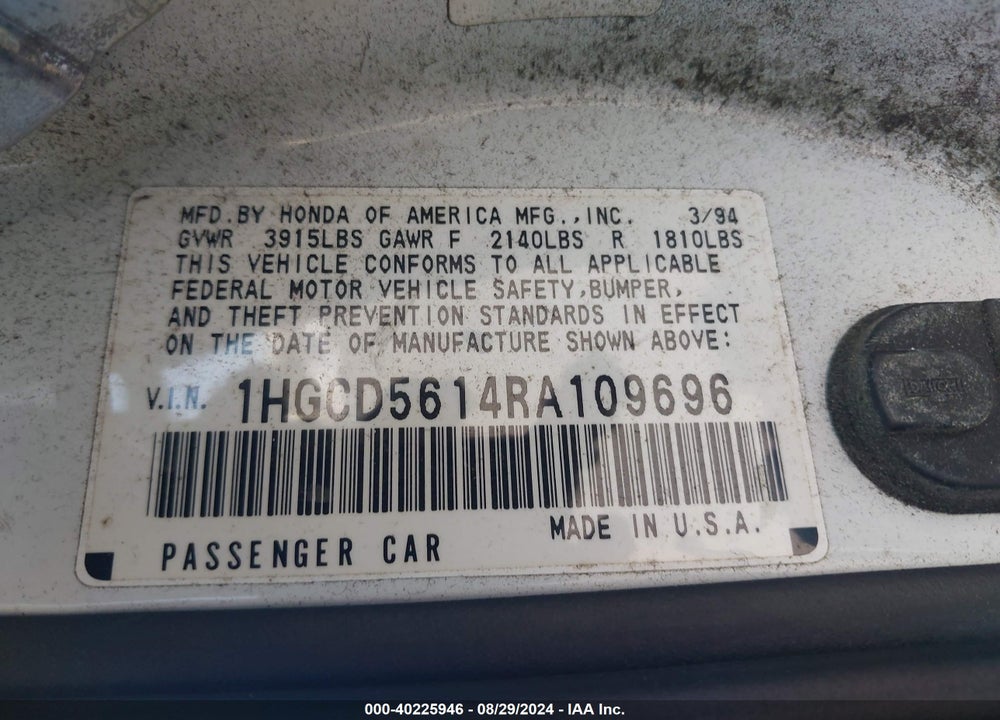 1994 HONDA ACCORD DX/LX VIN: 1HGCD5614RA109696