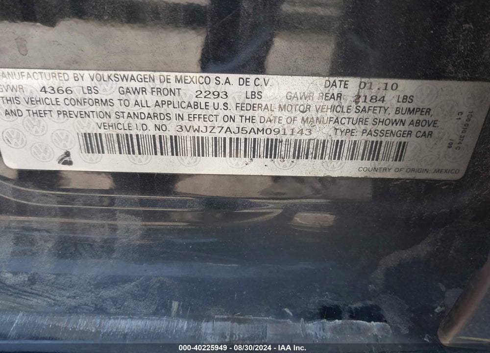 2010 VOLKSWAGEN JETTA S VIN: 3VWJZ7AJ5AM091143