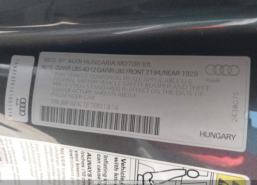 2014 AUDI TT 2.0T VIN: TRUBFAFK1E1001316