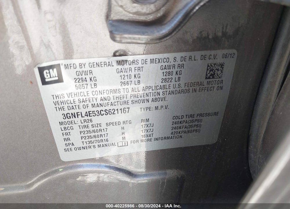 2012 CHEVROLET CAPTIVA SPORT LTZ VIN: 3GNFL4E53CS621167