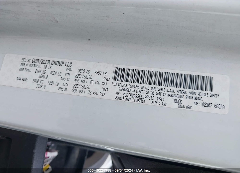 2014 RAM PROMASTER 1500 LOW ROOF VIN: 3C6TRVAG9EE107615