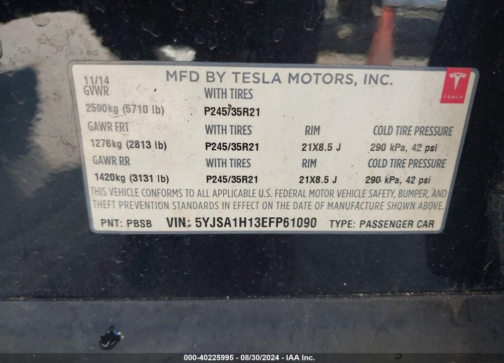 2014 TESLA MODEL S P85 VIN: 5YJSA1H13EFP61090