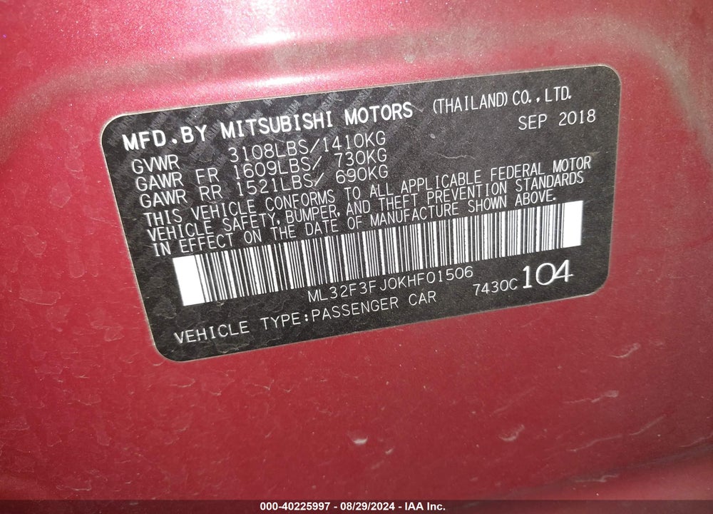 2019 MITSUBISHI MIRAGE G4 ES/RF VIN: ML32F3FJ0KHF01506