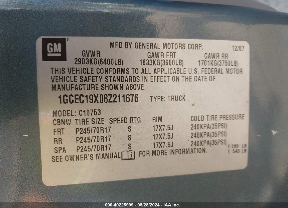 2008 CHEVROLET SILVERADO 1500 WORK TRUCK VIN: 1GCEC19X08Z211676