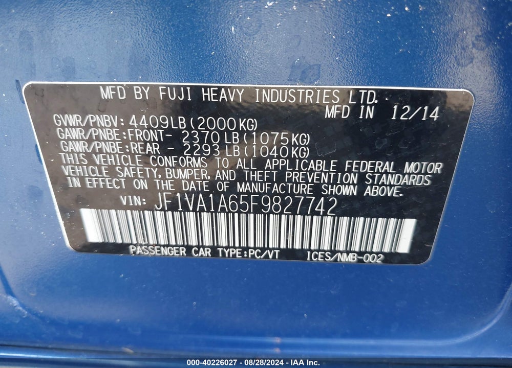 2015 SUBARU WRX VIN: JF1VA1A65F9827742