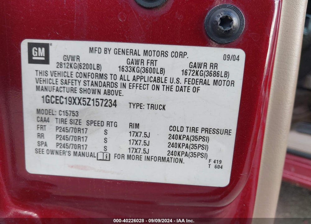 2005 CHEVROLET SILVERADO 1500 LS VIN: 1GCEC19XX5Z157234