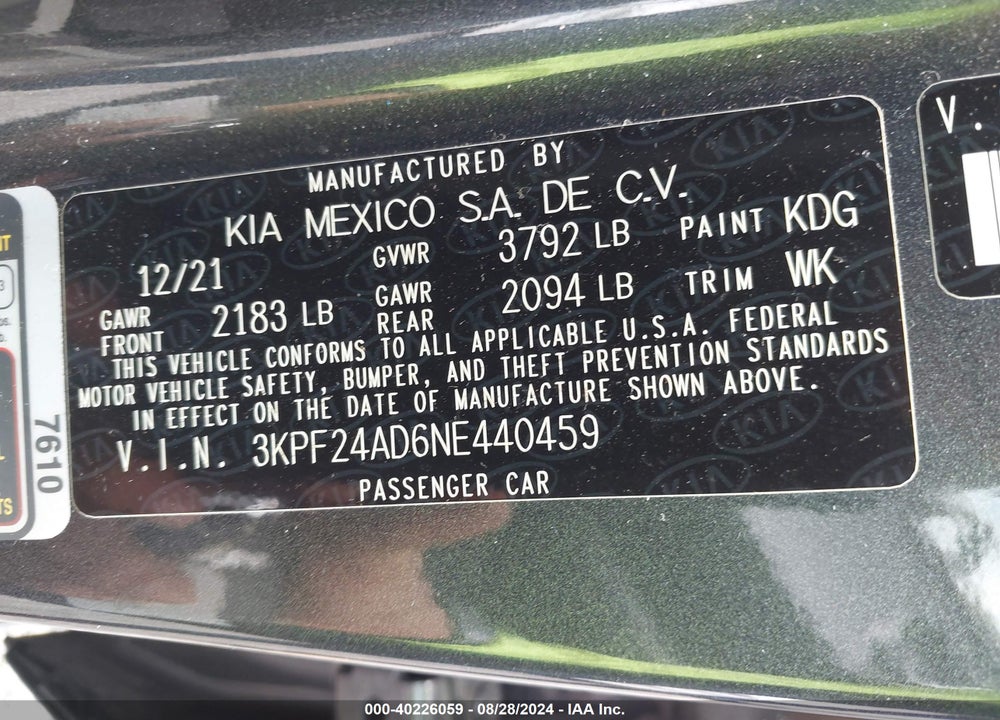 2022 KIA FORTE LXS VIN: 3KPF24AD6NE440459