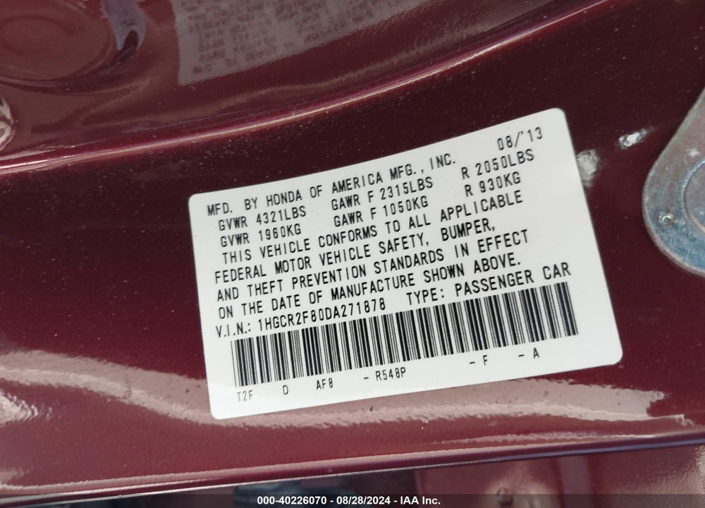 2013 HONDA ACCORD EX-L VIN: 1HGCR2F80DA271878