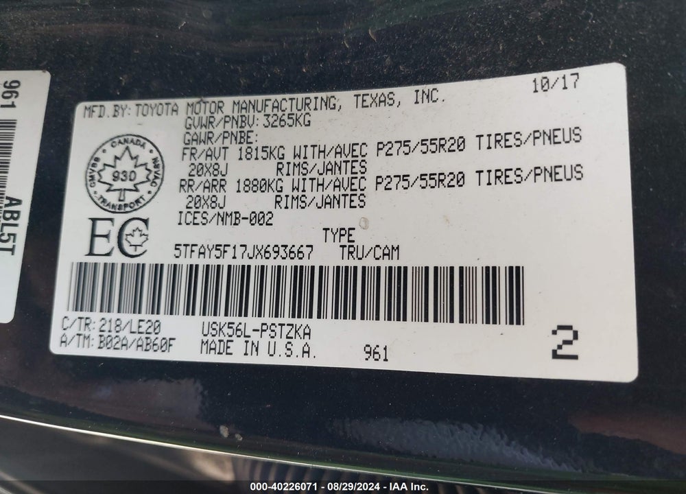 2018 TOYOTA TUNDRA PLATINUM 5.7L V8 VIN: 5TFAY5F17JX693667