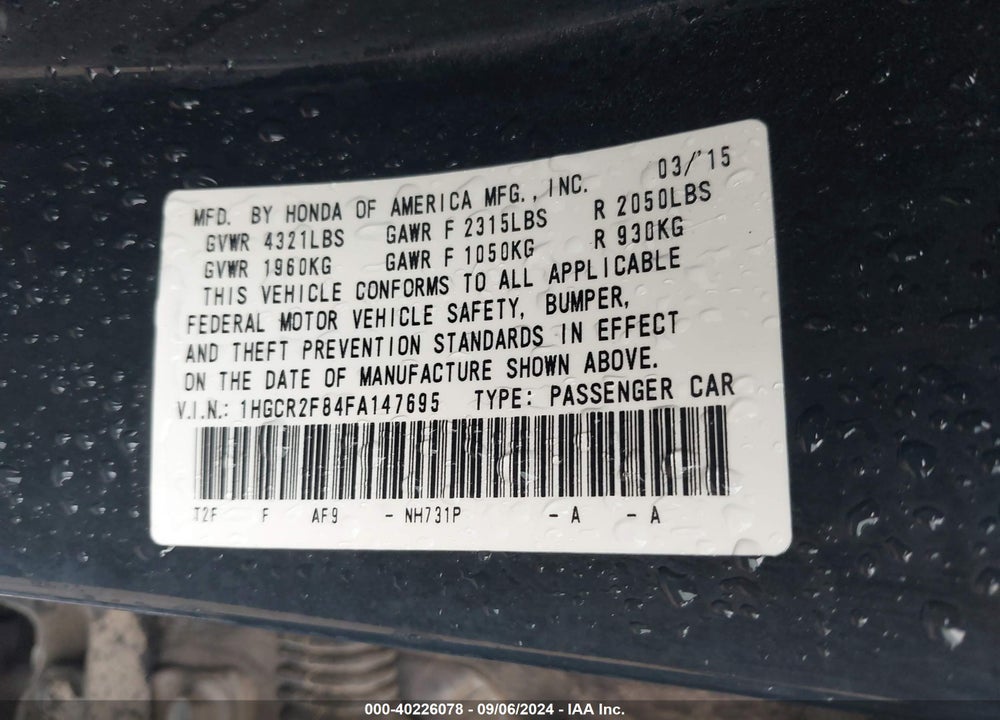 2015 HONDA ACCORD EX-L VIN: 1HGCR2F84FA147695