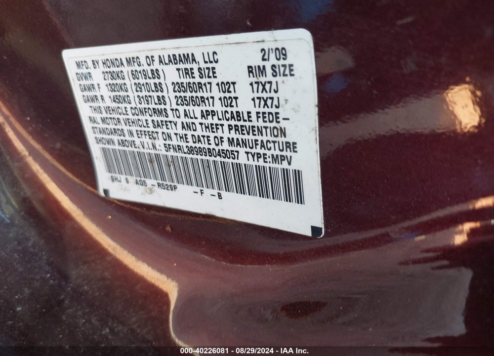 2009 HONDA ODYSSEY TOURING VIN: 5FNRL38989B045057