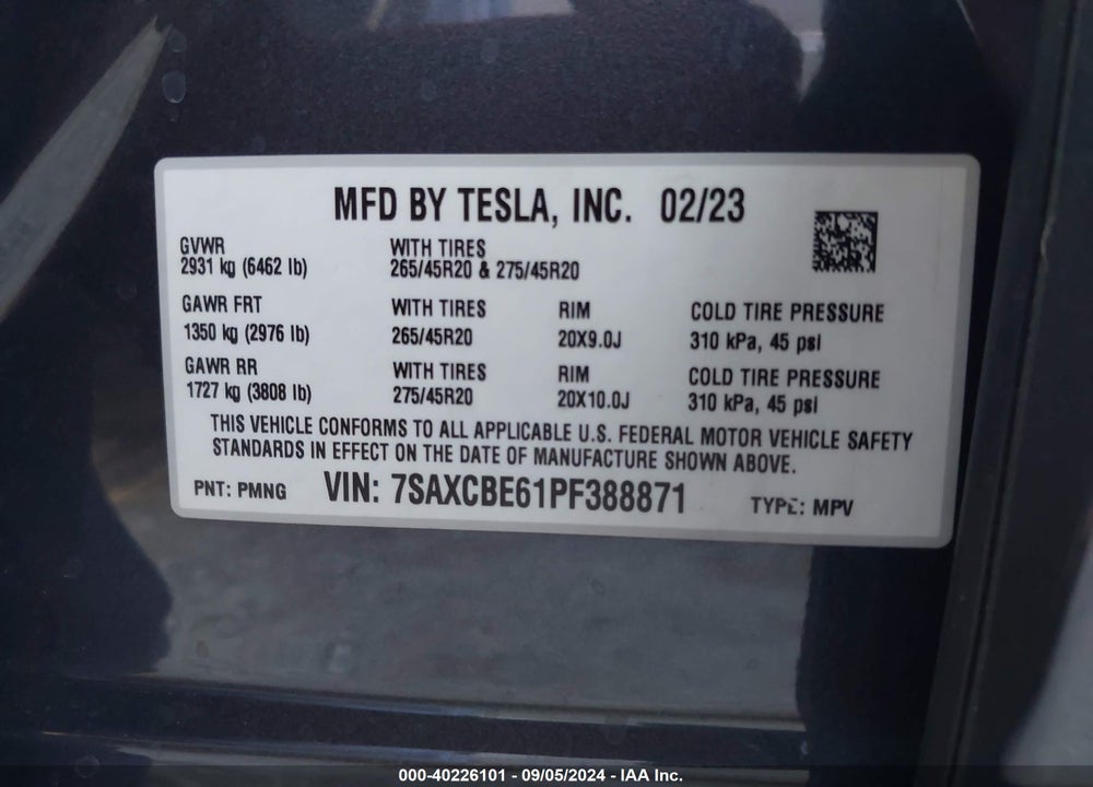 2023 TESLA MODEL X PLAID TRI MOTOR ALL-WHEEL DRIVE VIN: 7SAXCBE61PF388871