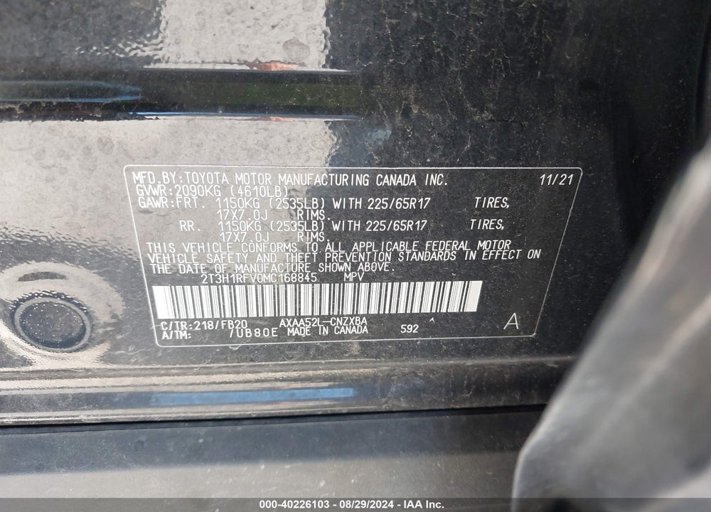 2021 TOYOTA RAV4 LE VIN: 2T3H1RFV0MC168845
