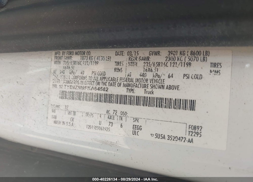 2015 FORD TRANSIT-150 VIN: 1FTYE9ZM9FKA64582