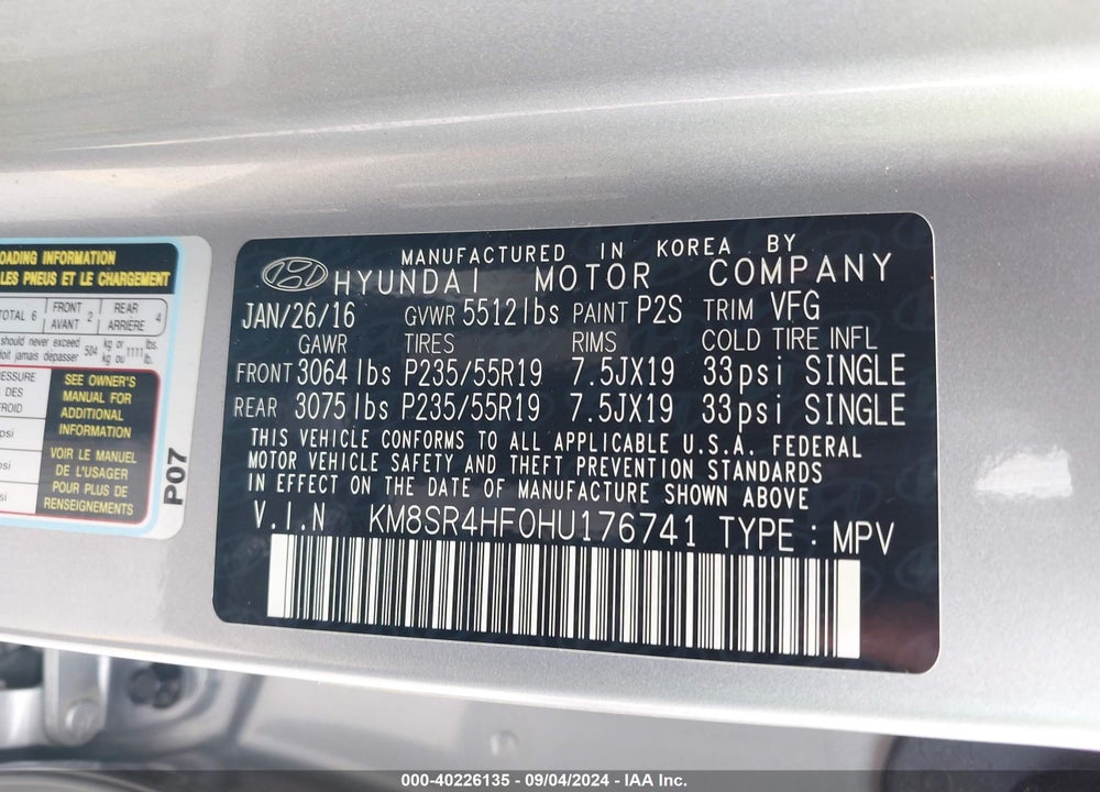 2017 HYUNDAI SANTA FE LIMITED ULTIMATE VIN: KM8SR4HF0HU176741