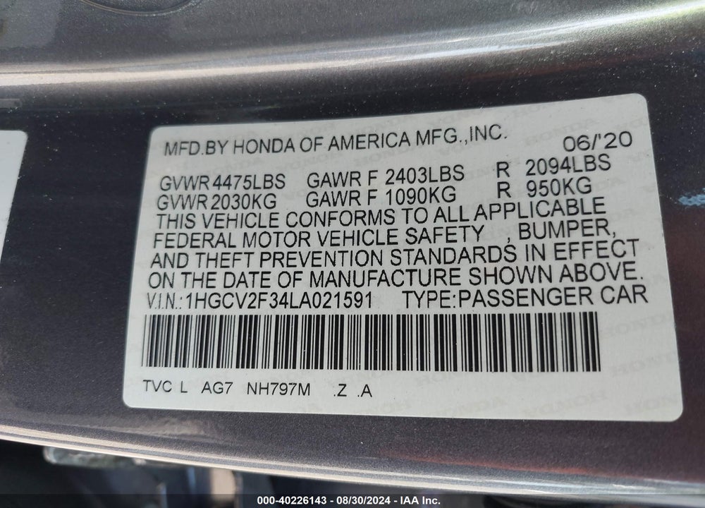 2020 HONDA ACCORD SPORT 2.0T VIN: 1HGCV2F34LA021591