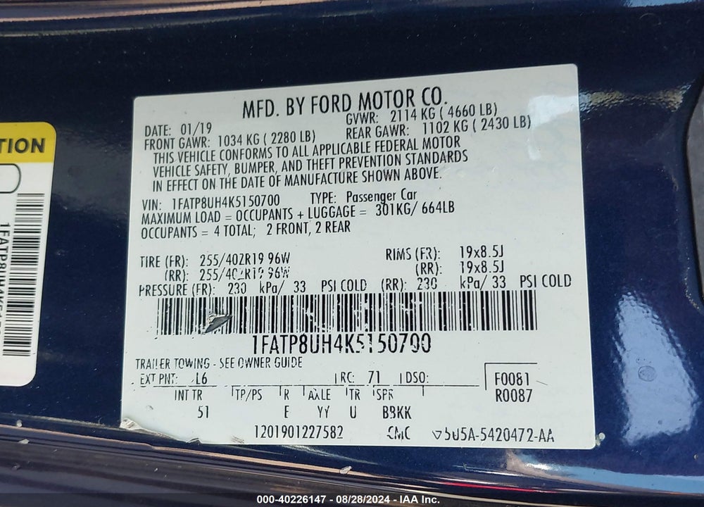 2019 FORD MUSTANG ECOBOOST PREMIUM VIN: 1FATP8UH4K5150700