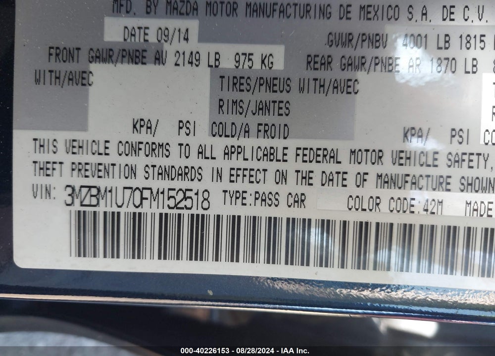 2015 MAZDA 3 VIN: 3MZBM1U70FM152518