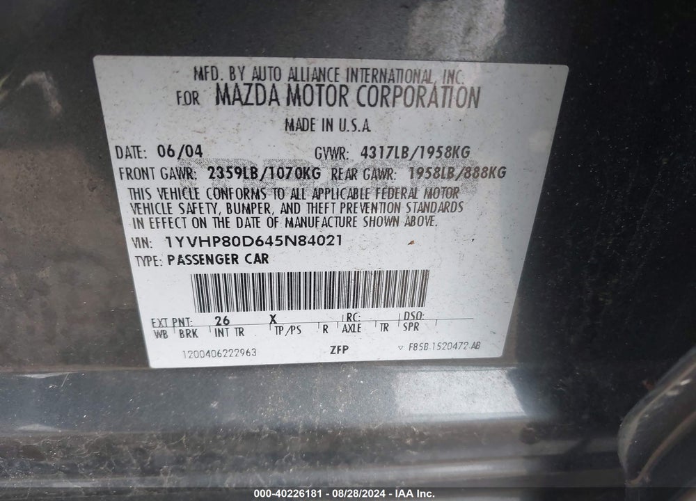 2004 MAZDA 6 S VIN: 1YVHP80D645N84021