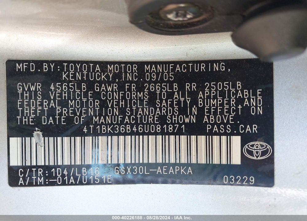 2006 TOYOTA AVALON LIMITED VIN: 4T1BK36B46U081871