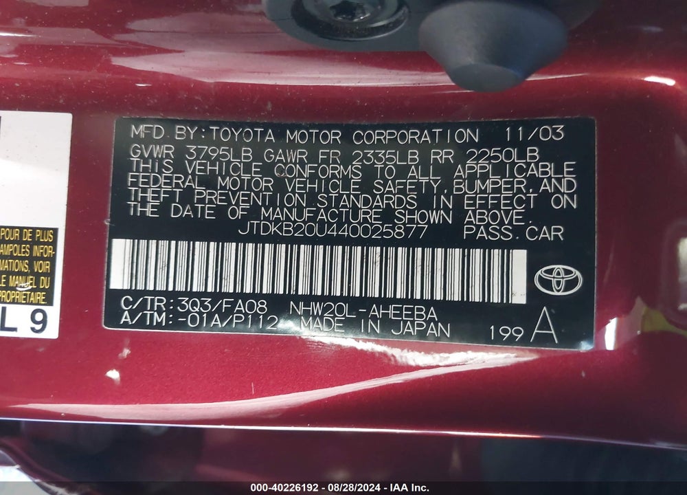 2004 TOYOTA PRIUS VIN: JTDKB20U440025877