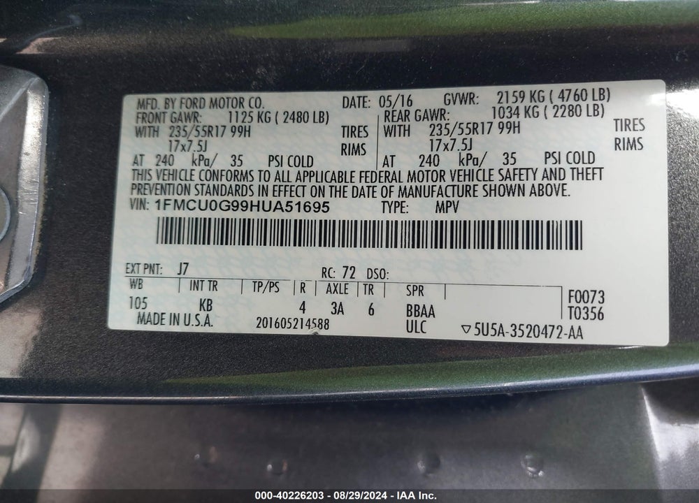 2017 FORD ESCAPE SE VIN: 1FMCU0G99HUA51695