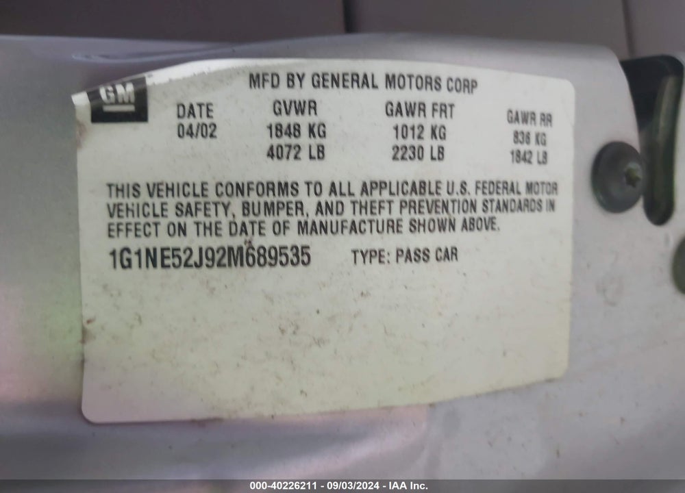 2002 CHEVROLET MALIBU LS VIN: 1G1NE52J92M689535